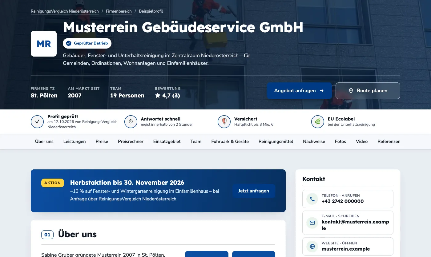 Beispielprofil am Computer: Kopf mit Siegel, Vertrauensleiste, Aktion und Kontakt