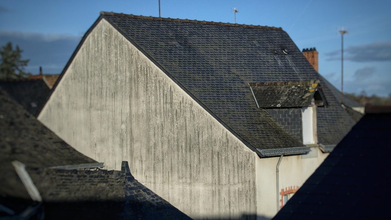 Verwitterte Hausfassade mit dunklen Belägen