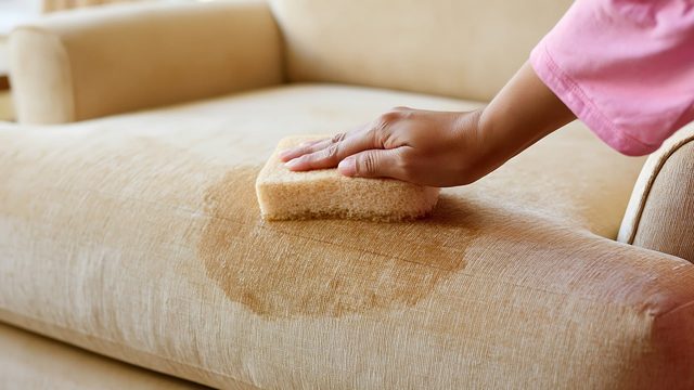Hand reinigt einen Fleck auf einem hellen Sofa