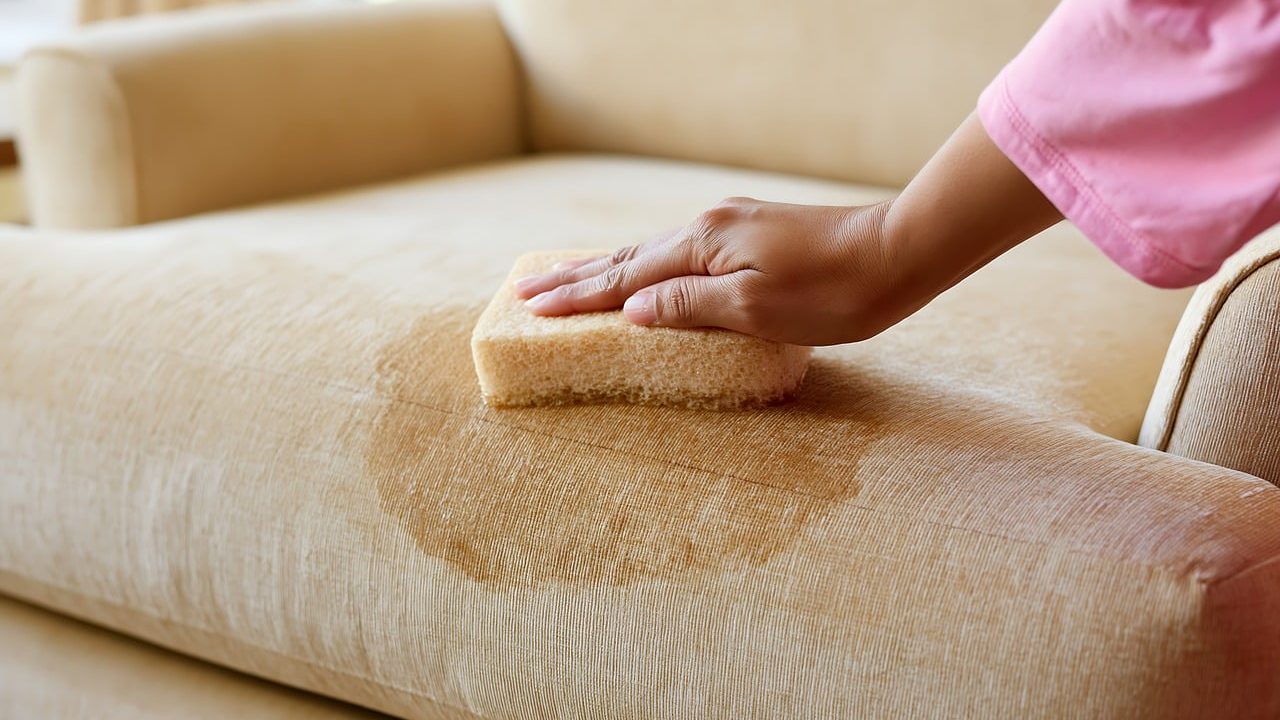 Hand reinigt einen Fleck auf einem hellen Sofa
